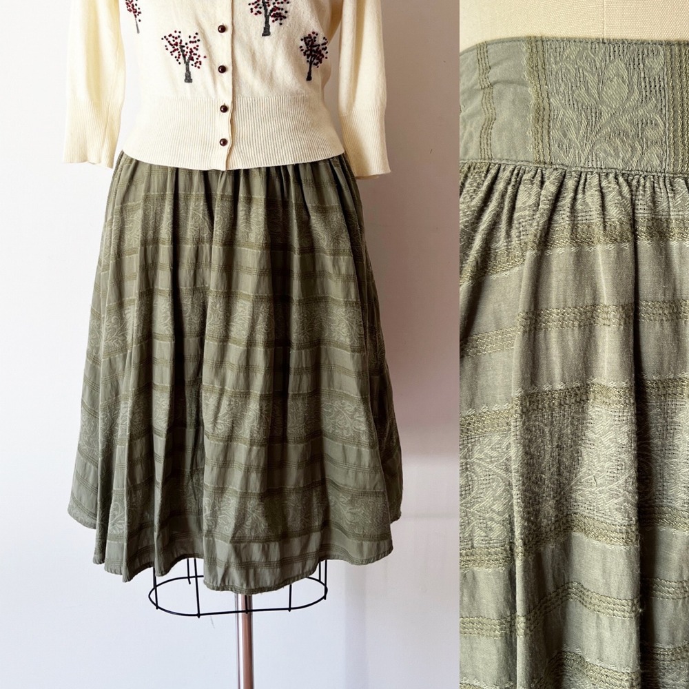 Olive Green Damask Midi Skirt Woven Pleated M Fall Pockets Elastic Waist